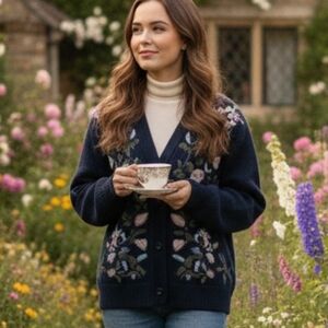 Orly M 90s Cottagecore Grandmacore Whimsical Floral Embroidered Wool Cardigan